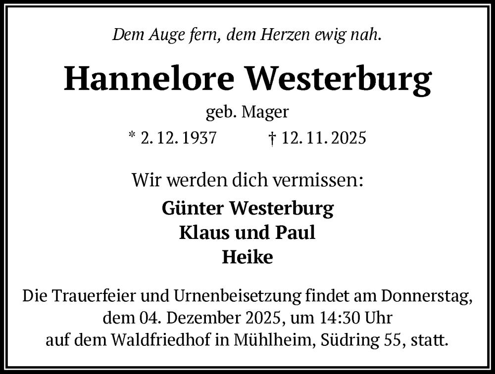  Traueranzeige für Hannelore Westerburg vom 22.11.2025 aus OFOP