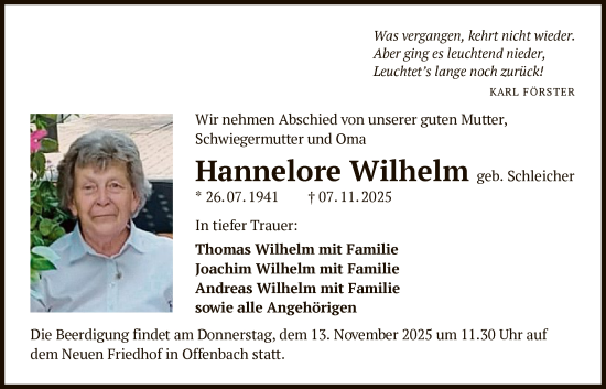 Traueranzeige von Hannelore Wilhelm von OFOP