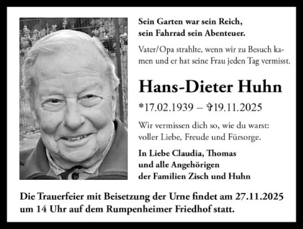  Traueranzeige für Hans-Dieter Huhn vom 22.11.2025 aus OFOP