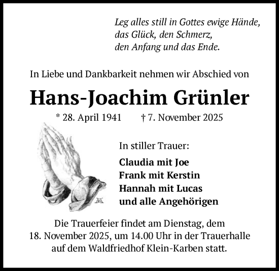 Traueranzeige von Hans-Joachim Grünler von OFHA