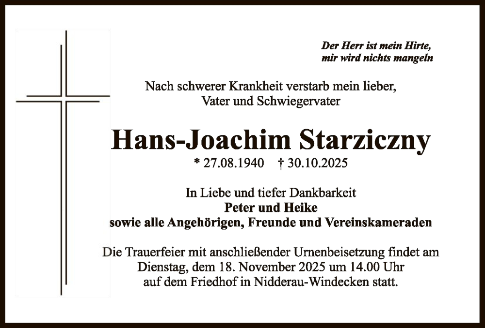  Traueranzeige für Hans-Joachim Starziczny vom 08.11.2025 aus OFHA