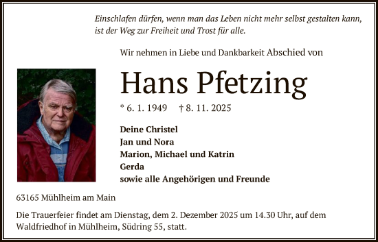 Traueranzeige von Hans Pfetzing von OFOP