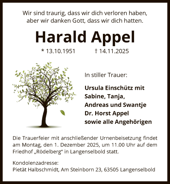 Traueranzeige von Harald Appel von OFHA