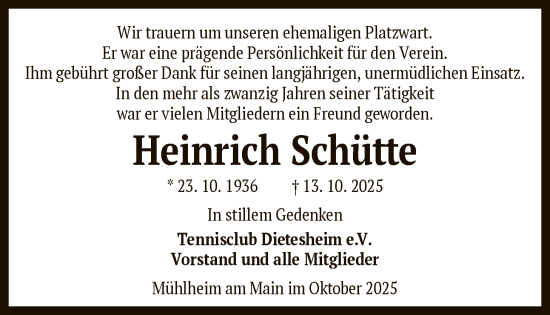 Traueranzeige von Heinrich Schütte von OFOPOF0T