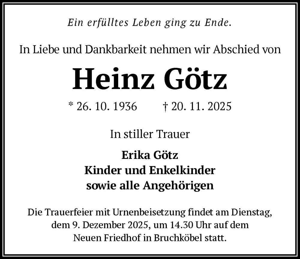  Traueranzeige für Heinz Götz vom 29.11.2025 aus OFHA