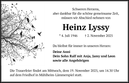 Traueranzeige von Heinz Lyssy von OFOP