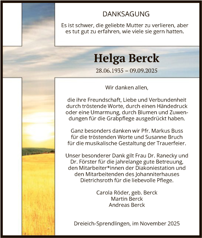  Traueranzeige für Helga Berck vom 22.11.2025 aus OFOP