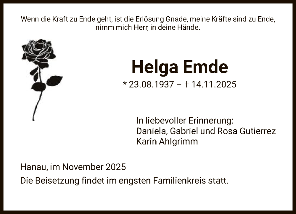  Traueranzeige für Helga Emde vom 22.11.2025 aus OFHA