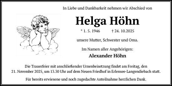 Traueranzeige von Helga Höhn von OFHA