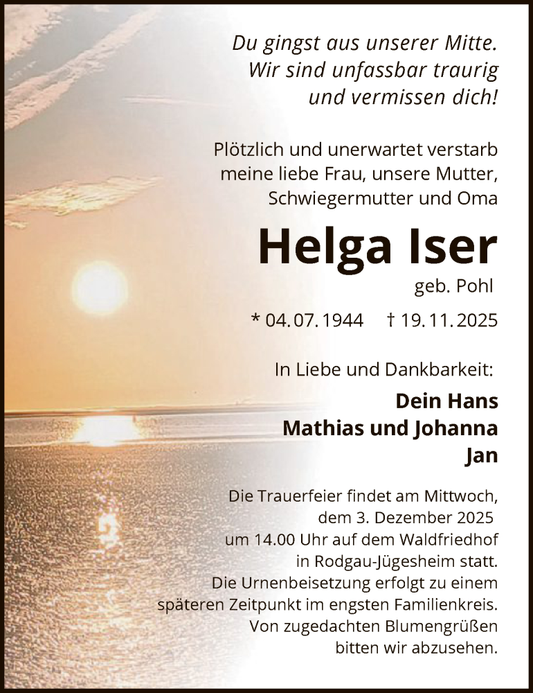  Traueranzeige für Helga Iser vom 29.11.2025 aus OFOP