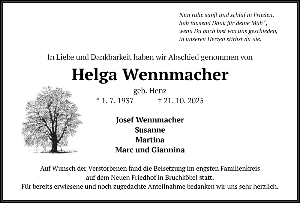  Traueranzeige für Helga Wennmacher vom 08.11.2025 aus OFHA