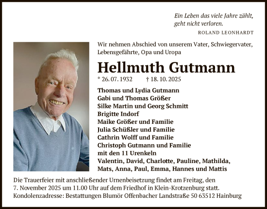 Traueranzeige von Hellmuth Gutmann von OF0L
