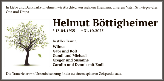 Traueranzeige von Helmut Böttigheimer von OFOP