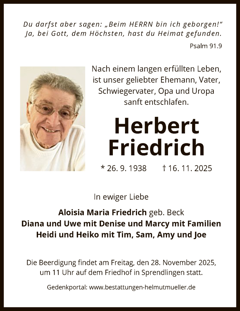  Traueranzeige für Herbert Friedrich vom 22.11.2025 aus OFOP