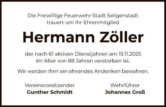 Traueranzeige von Hermann Zöller von OF0L