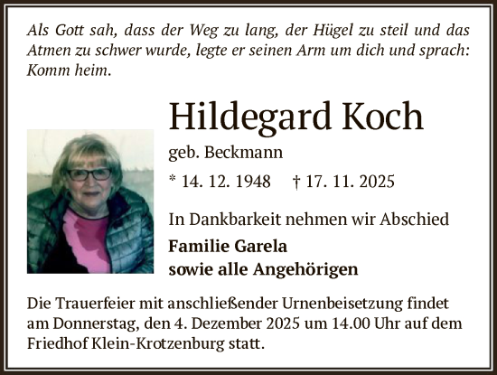 Traueranzeige von Hildegard Koch von OF0L