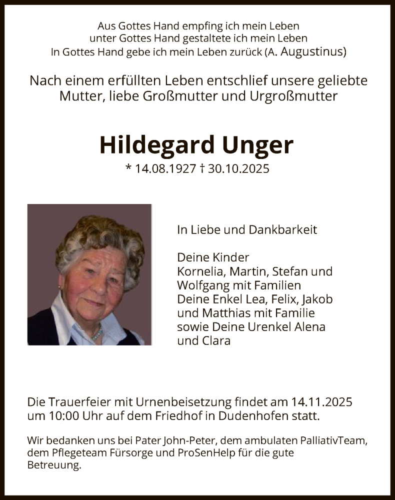  Traueranzeige für Hildegard Unger vom 08.11.2025 aus OF0L