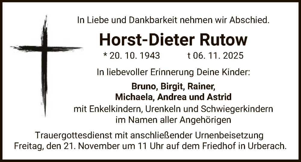  Traueranzeige für Horst-Dieter Rutow vom 15.11.2025 aus OF0L
