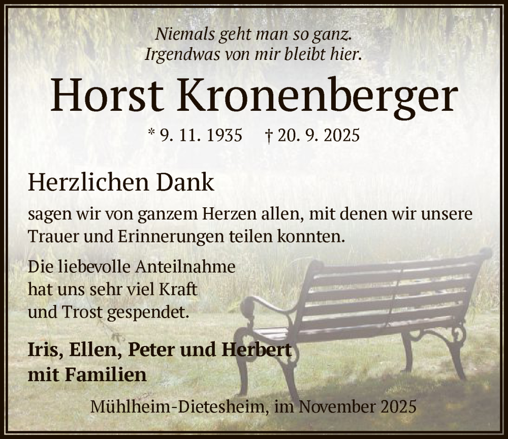  Traueranzeige für Horst Kronenberger vom 01.11.2025 aus OFOP
