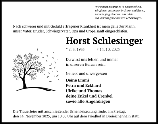 Traueranzeige von Horst Schlesinger von OFOP
