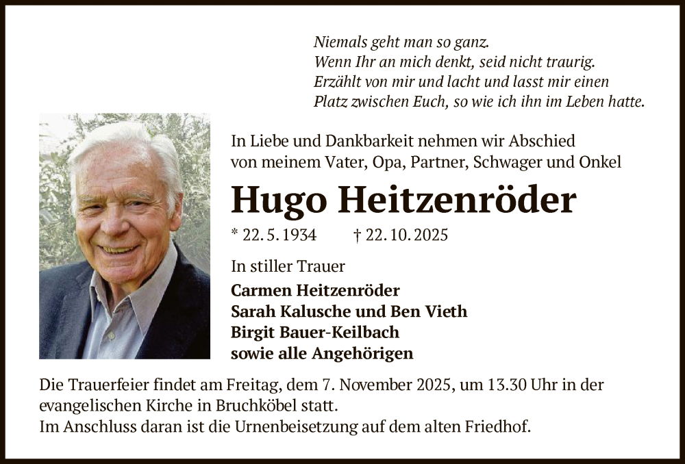  Traueranzeige für Hugo Heitzenröder vom 01.11.2025 aus OFHA