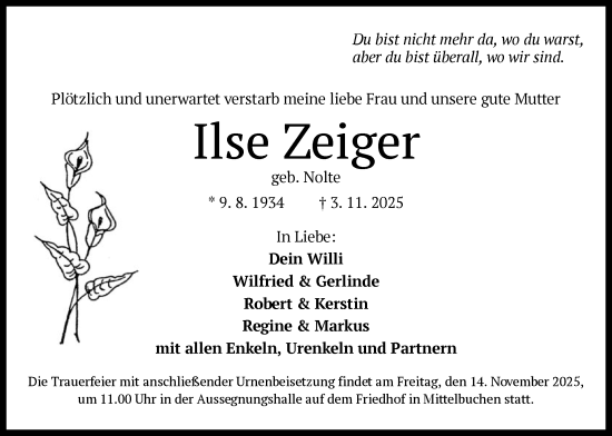 Traueranzeige von Ilse Zeiger von OFHA