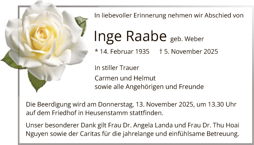  Traueranzeige für Inge Raabe vom 08.11.2025 aus OFOP