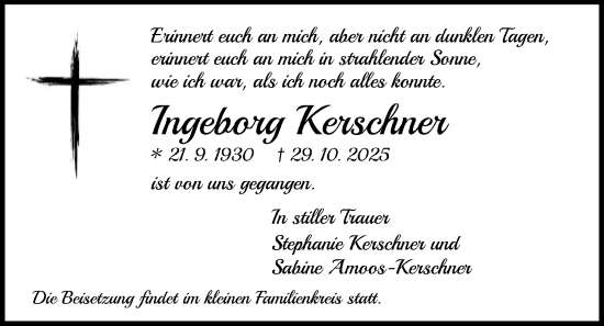 Traueranzeige von Ingeborg Kerschner von OFHA