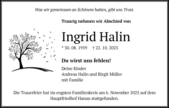 Traueranzeige von Ingrid Halin von OFHA
