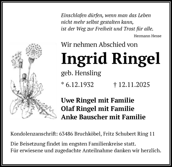 Traueranzeige von Ingrid Ringel von OFHA