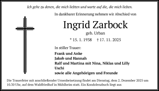 Traueranzeige von Ingrid Zarbock von OFOP