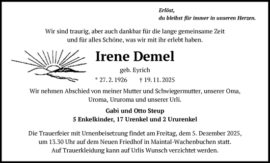 Traueranzeige von Irene Demel von OFHA
