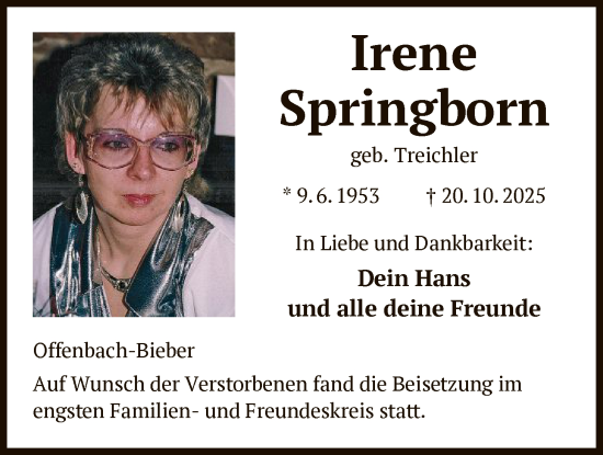 Traueranzeige von Irene Springborn von OFOP
