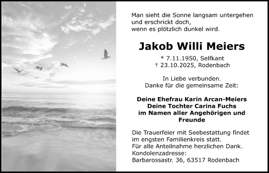 Traueranzeige von Jakob Willi Meiers von OFHA