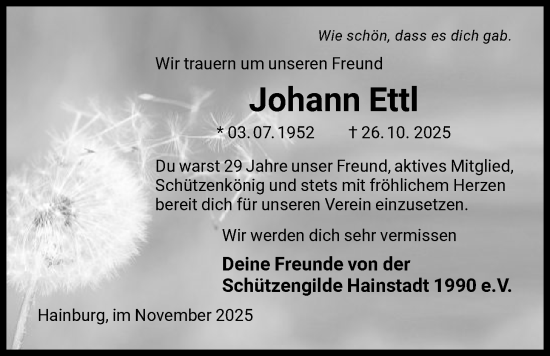 Traueranzeige von Johann Ettl von OF0L