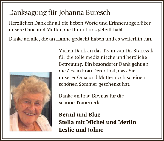 Traueranzeige von Johanna Buresch von OFMF
