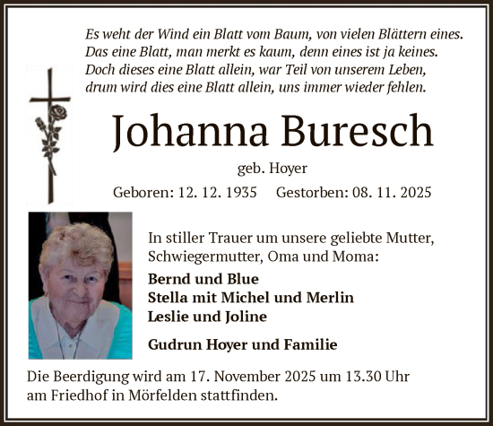 Traueranzeige von Johanna Buresch von OFMF