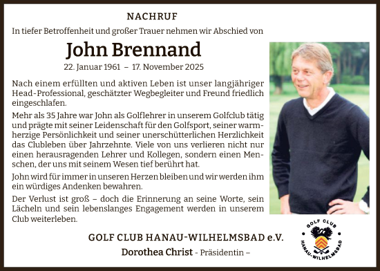 Traueranzeige von John Brennand von OFHA