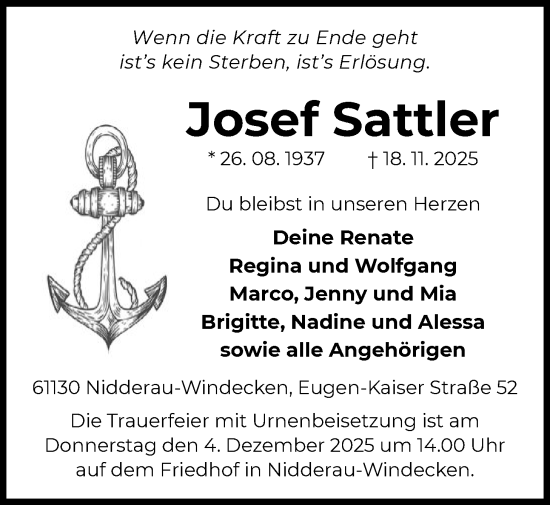 Traueranzeige von Josef Sattler von OFHA