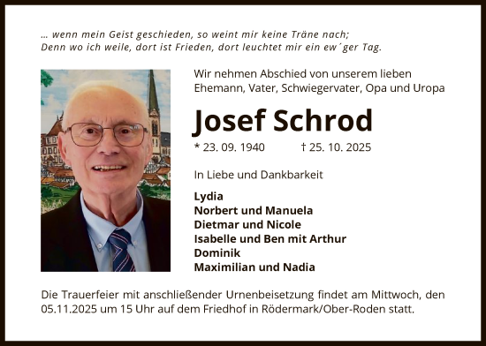 Traueranzeige von Josef Schrod von OF0L
