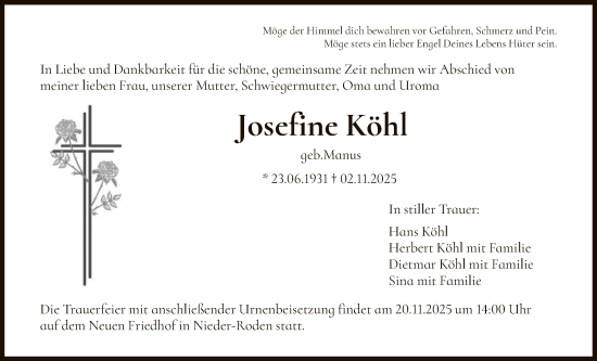 Traueranzeige von Josefine Köhl von OFOP
