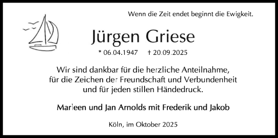 Traueranzeige von Jürgen Griese von OFOP