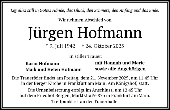 Traueranzeige von Jürgen Hofmann von BOWO