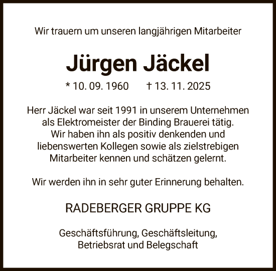 Traueranzeige von Jürgen Jäckel von OFOP