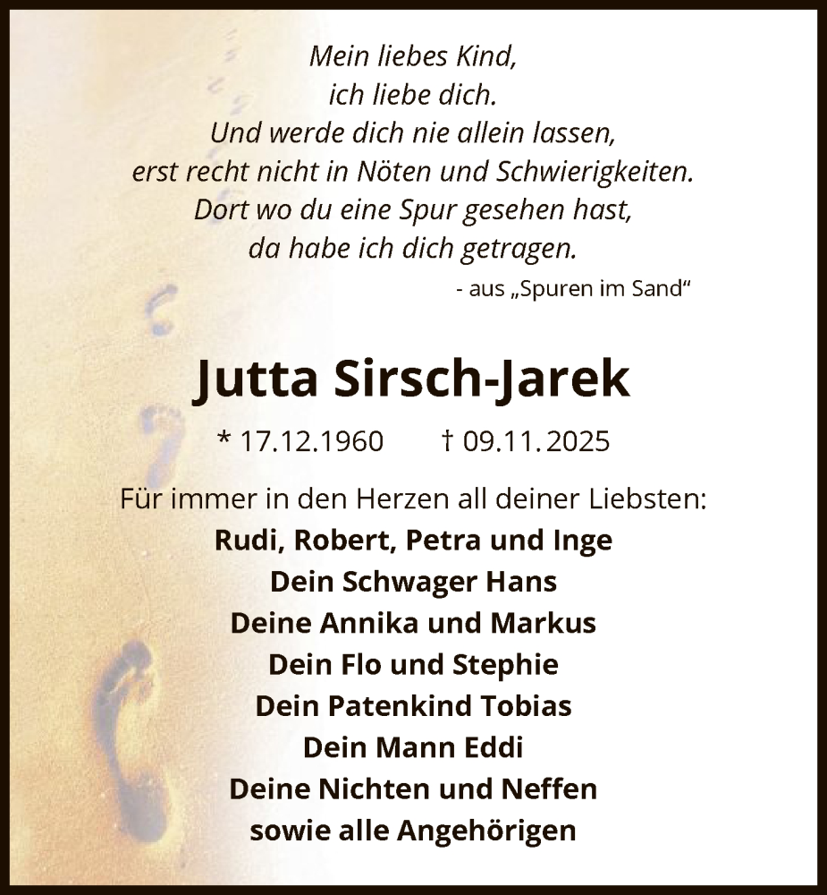  Traueranzeige für Jutta Sirsch-Jarek vom 22.11.2025 aus OFHA
