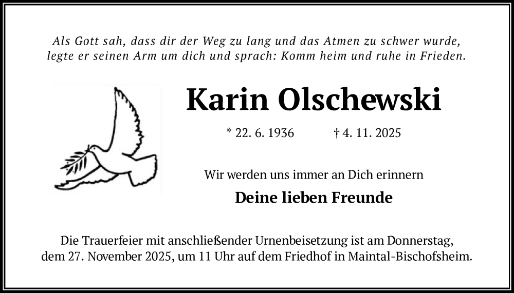  Traueranzeige für Karin Olschewski vom 22.11.2025 aus OFHA