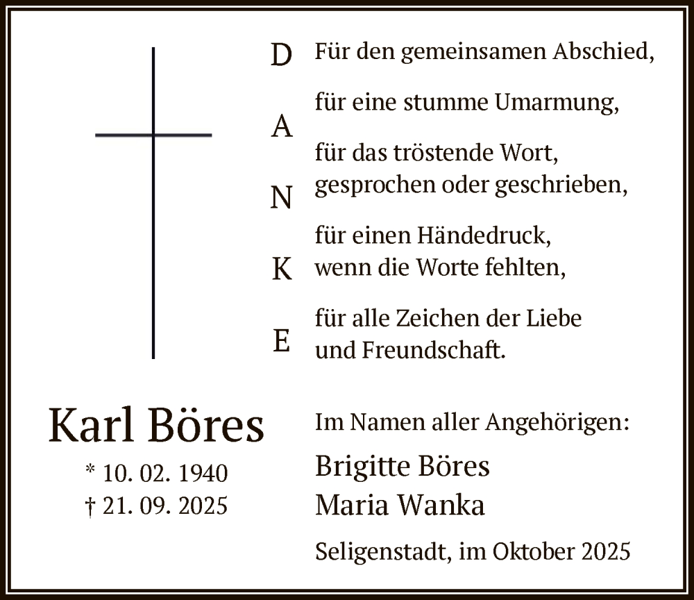  Traueranzeige für Karl Böres vom 01.11.2025 aus OF0L