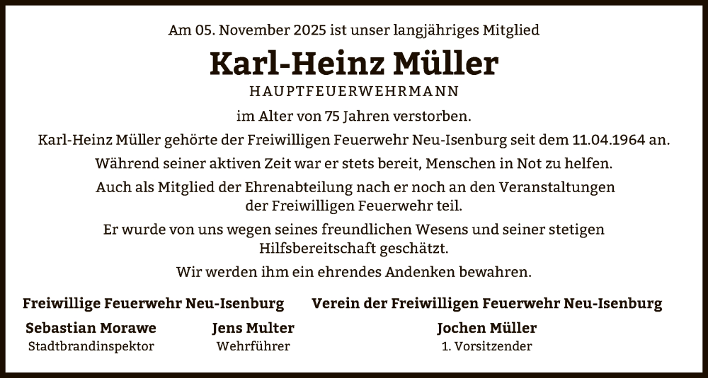  Traueranzeige für Karl-Heinz Müller vom 15.11.2025 aus OF0W