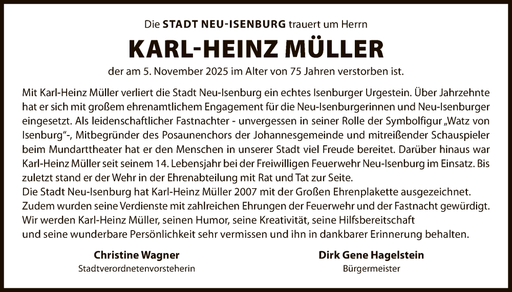  Traueranzeige für Karl-Heinz Müller vom 15.11.2025 aus OF0W