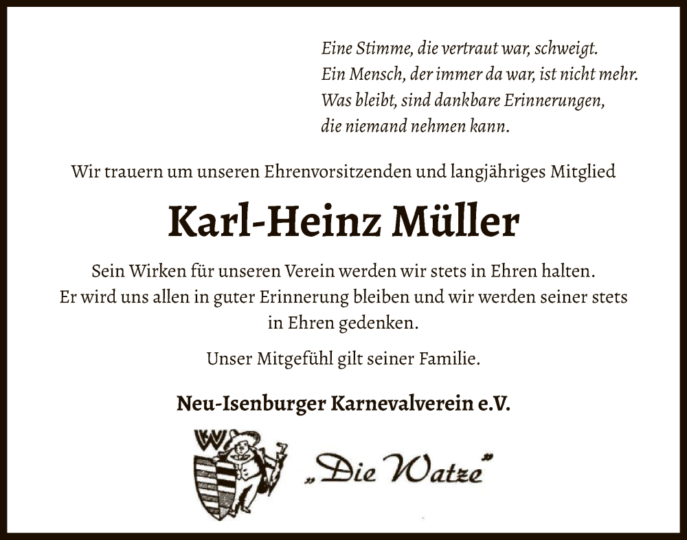  Traueranzeige für Karl-Heinz Müller vom 22.11.2025 aus OF0W